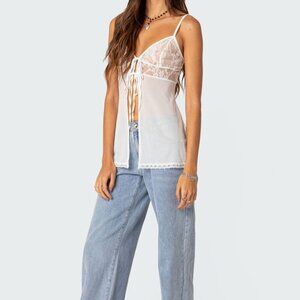 Edikted Women Size Small White Linette Split Tie Front Floral Lace Camisole Tank